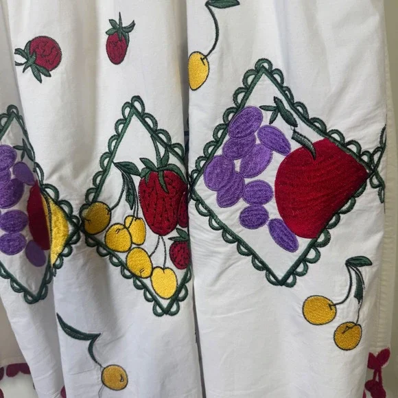 Vintage Skirt Medium Fruit Embroidered White Cotton Midi Cherry Tassles *Read - Picture 4 of 11